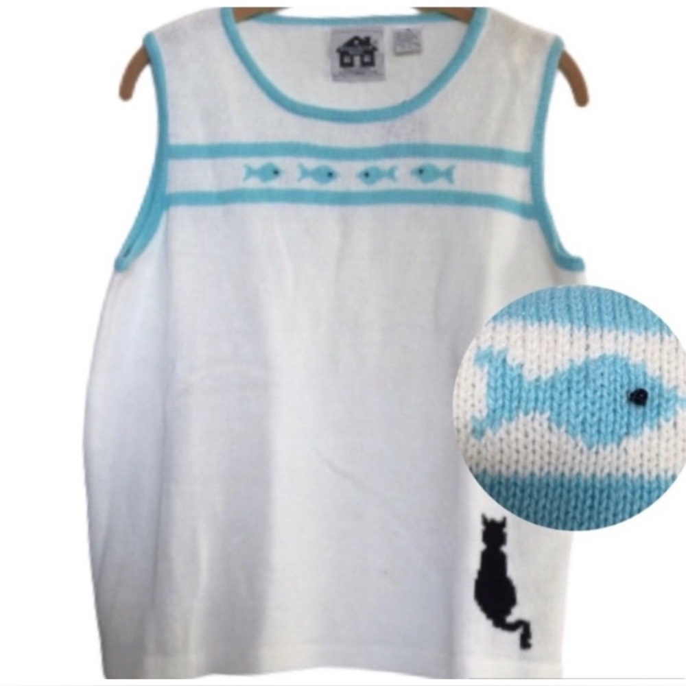 STORYBOOK KNITS Rare Sweater Tank With Cat Watching Fish Women’s Size Medium NWT